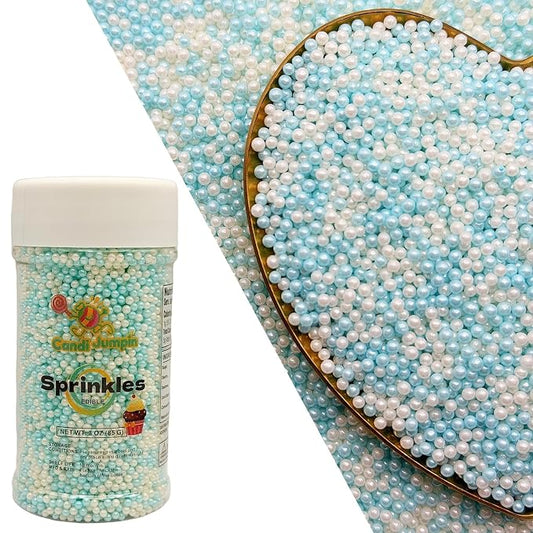 CandiJumpin 2mm Blue and White Edible Pearls, White and Baby Blue Nonpareils Sprinkles Small Pearl Sprinkles for Cake Decorating Mini Sugar Pearls for Baking Baby Shower Party Wedding Christmas Supplies 3 OZ