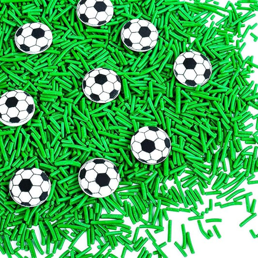 Edible Soccer Sprinkles for Cake Decorating - Green Jimmies and 10Pcs Soccer Ball Candy Mix, World Cup Celebration, Sports Themed Birthday Party Decorations for Baking, Cookies, Cupcake Toppers