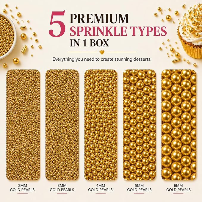 Confect Pearl Gold Sprinkles | Gold Sprinkles for Cakes & Cupcakes Decoration & Celebration | Assorted pack of 5 All That Glitters | Mix Golden Pearl Dragees | Vegan, Gluten-Free, Nut-Free, Soy-Free, Dairy-Free, Palm Oil-Free, No Artificial Dyes- 5 Oz
