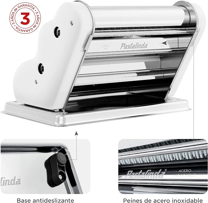 PASTALINDA Classic 260 Pasta Maker Machine, 26 cm Wide Rollers, 9 Thickness Positions, 2 Cutting Positions, Stainless Steel. Includes Reinforced Hand Crank And Two Clamps (White)
