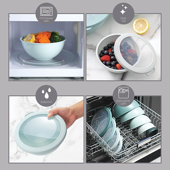 COOK WITH COLOR Mixing Bowls with TPR Lids - 12 Piece Plastic Nesting Bowls Set includes 6 Prep Bowls and 6 Lids, Microwave Safe Mixing Bowl Set (Teal)