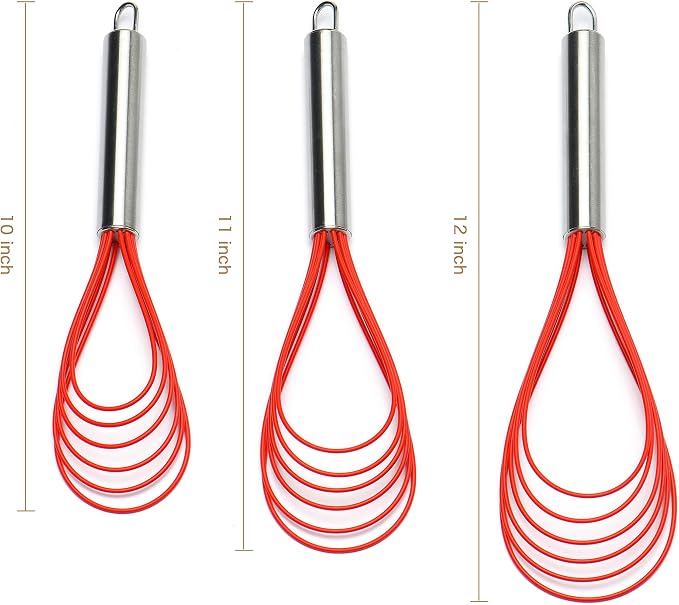 Flat Whisk Set,Stainless Steel 3 Pack 10''+11''+12'' Premium Sturdy-6 Silicone Heads Non Stick Wires Whisk for Blending Beating Stirring Kitchen Cooking Color Red by Jell-Cell