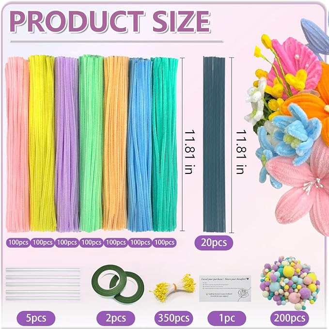 620Pcs Macaron Pipe Cleaner Flower Kit, 6 Colors Bulk Chenille Stems with Wires, Pom Poms, Stamens and Card, All-in-One DIY Flower Craft Supplies for Creative Gifts Home Decor, Party & School Crafts