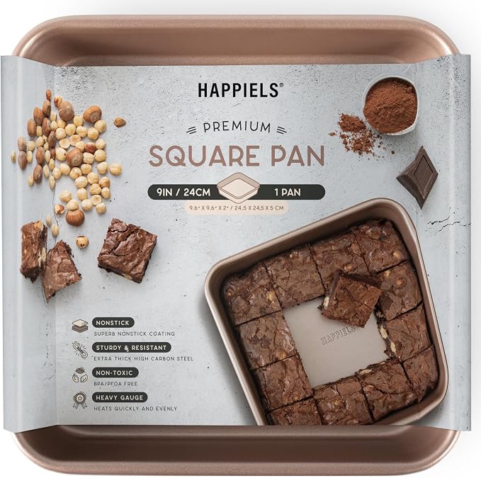 HAPPIELS 9x9in Square Baking Pan Nonstick for Oven Baking, PFOA & BPA Free | Non Toxic 9 x 9 Inch Cake & Brownie Pan | Best Nontoxic Square 9x9 inches Pans Non Stick| Carbon Steel Gold bakeware