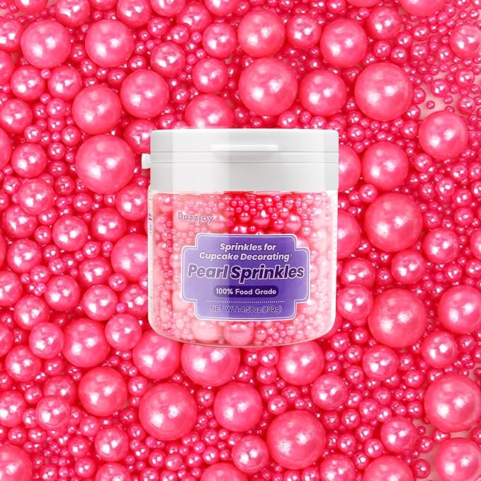 Edible Deep Pink Pearl Sprinkles, Edible Sugar Pearls, 130g/4.58oz, Pink Pearls Sprinkles for Cupcake Decorating, Cupcake Toppers, Cake Decorations, Wedding Party Holiday Supplies