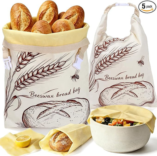 2-Pack Beeswax Bread Bags & 3 Wraps for Sourdough & Homemade – Fold Buckle | Natural cotton, 17x13 in bag with roll & buckle. Includes 3 wraps S/M/L. Reusable, freezer safe, washable, keeps bread fresh.