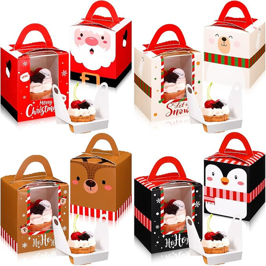 TaoBary 24 Pcs Christmas Cupcake Boxes Xmas Individual Cupcake Box Christmas Cookie Boxes with Window Insert Handle Muffin Pastry Holder Bakery Treat Box for X-mas Party(Bear)