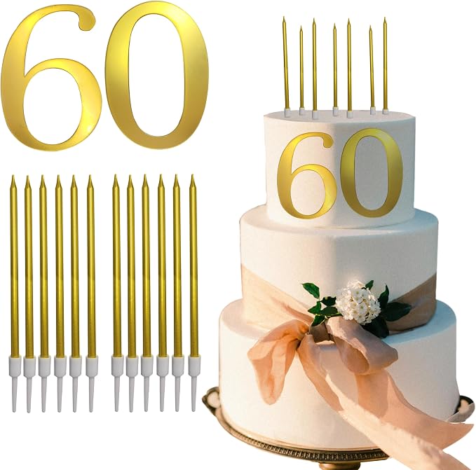 3.7IN Gold Acrylic Number 1-10 Cake Topper with 12 Gold Long Candles - Perfect for Birthday Party Supplies, Ideal for Cake Decoration (Number 60, Gold)