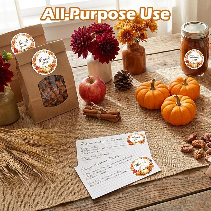 Louise Maelys 120Pcs Thank You Stickers Roll-2 Inch Autumn Thank You Sticker with Pumpkin & Leaf Pattern Labels for Thanksgiving, Gift, Party Favors, Small Business, Envelope,Holiday Decorations