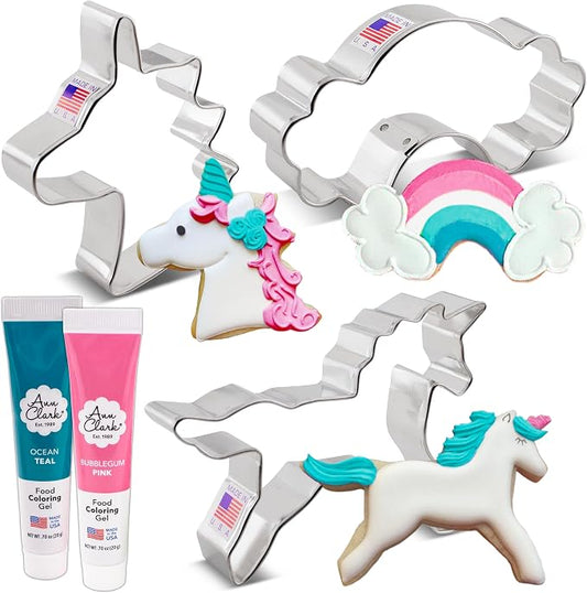 Ann Clark Unicorn Cookie Cutters and Decorating 5-Pc. Set - Made in USA With Head, Rainbow, Pink & Ocean Teal Food Coloring Gel
