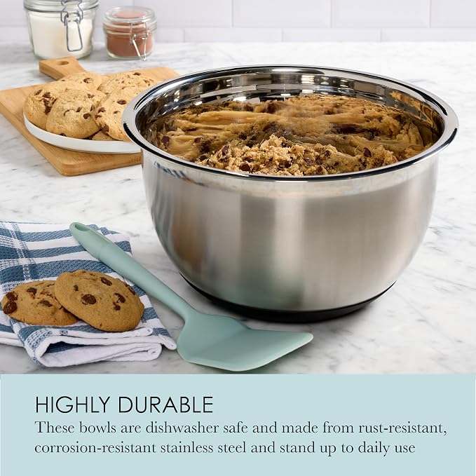 Chicago Metallic Stainless Steel Mixing Bowls Set of 3-3 Qt, 5 Qt, 8 Qt Nesting Bowls with Nonslip Silicone Bases, Dishwasher Safe, Rust Resistant for Kitchen Prep, Serving, and Food Storage