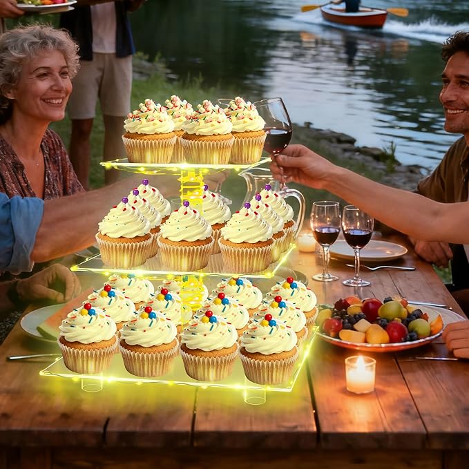 YestBuy 3 Tier Clear Square Cupcake Stand - Premium Cupcake Holder - Acrylic Cupcake Tower Display - Candy Bar Party Décor + LED Light String - Ideal for Weddings, Birthday Parties (Yellow Light)