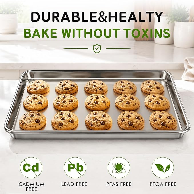 Stainless Steel Baking Sheet Pan Set of 2, Stainless Steel Cookie Sheets for Baking, 18 x 13 Inch Large Baking Tray for Oven, Warp Resistant Nonstick Half Sheet Pan, Heavy Duty & Easy Clean