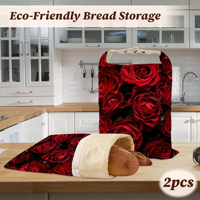 Beeswax Bread Bags, 2 Pack for Homemade Bread and Sourdough Storage | Red Rose Flower, Reusable Polyester Bread Storage With Beeswax Coating And Snap Closures