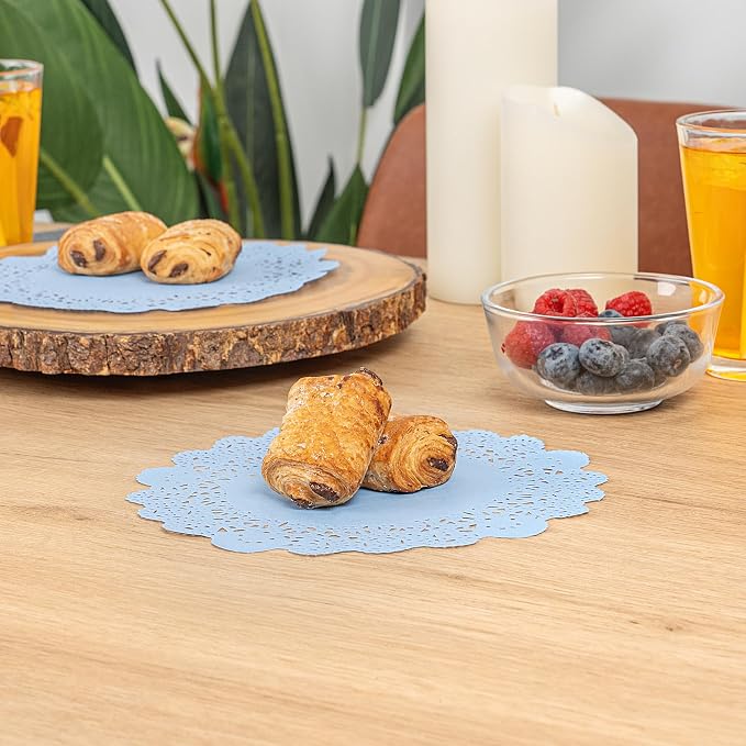 Restaurantware-Pastry Tek 8 x 8 Inch Paper Lace Doilies, 4000 Round Disposable Table Doilies - Elegant Lace Finish, Long Lasting, SkyBlue Paper Lace Doilies, for Pastries, Cupcakes, Desserts