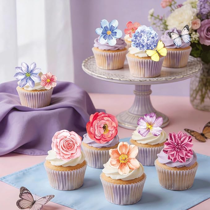 138pcs Edible Flower Butterflies Cake Topper Wafer Paper Flower Cupcake Toppers Mixed Size Hawaiian Flower Cake Decorations for Tropical Luau Birthday Baby Shower Party Supplies