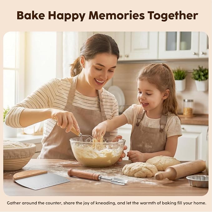 Sourdough Starter Kit for Beginners with 9" Round Banneton Proofing Basket, Bread Lame with 5 Blades, Danish Dough Whisk, Silicone Sling, Stencils & Baking Supplies for Homemade Sourdough Baking