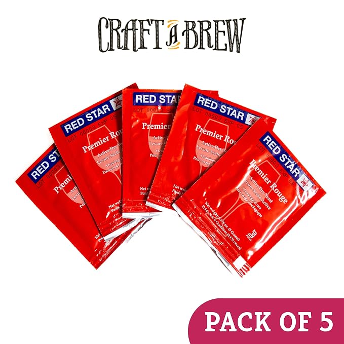 Craft A Brew - Red Star Premier Rouge Wine Yeast - Dry Wine Yeast - For Full-Bodied, Aromatic Red Wines - Ingredients for Home Fermenting - Wine Making Supplies - 5 Pack