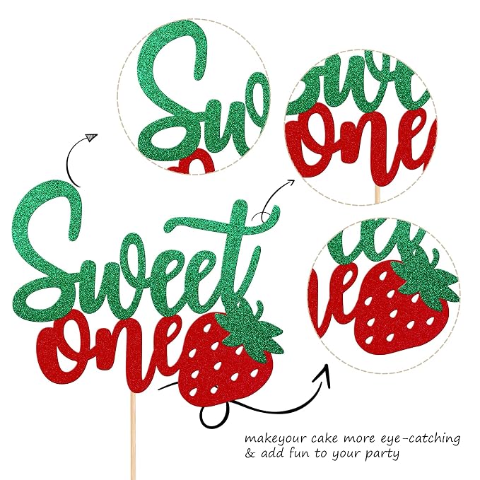 1 PCS Strawberry Sweet One Cake Topper Fruit Theme 1st Birthday Cake Pick Baby Shower Strawberry Cake Decoration for Baby Shower Kids First Birthday Anniversary Party Decorations Supplies Green Red
