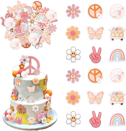 63 PCS Edible Hippie Party Cupcake Toppers Peace Sign Hand Butterfly Two Groovy Cupcake Picks Dasiy 60s Retro Boho Cake Decorations for Hippie Two Groovy Carnival Theme Birthday Party Supplies