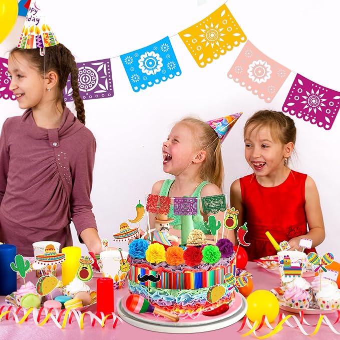 Hooqict 33Pcs for Fiesta Cake Decorations Set with Mini Papel Picado Banner, Serape Ribbon, Taco, Flower Mexican Cake Toppers & Cupcake Toppers for Cinco de Mayo Mexican Theme Party Decorations