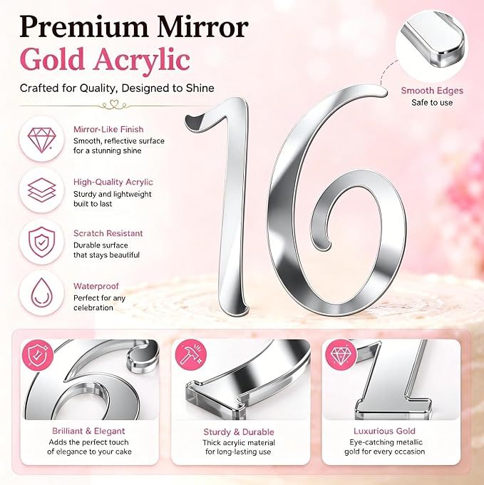 Acrylic Number Cake Topper Silver DIY Mirrored Cake Topper 0-9 Number Set Suitable for Wedding, Birthday, Party Decoration