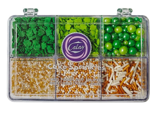 Edible St. Patricks Day Sprinkles, Mini Green&Dark Green Shamrock Mixed with White&Gold Jimmies Nonpareils Sanding Sugar for Ice Cream Cupcakes Cookies Topping Cake Decorating, 4.23 oz