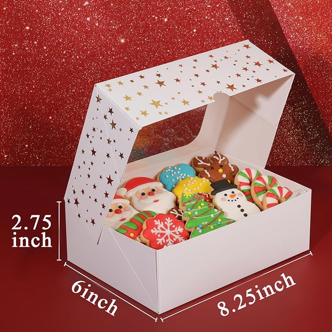 YEKTFS 12pcs Cookie Boxes with Window, 8.25x6x2.75in White Treat Boxes with Window Gold Foil Star Bakery Cake Boxes for Christmas Gift Giving Pastry Dessert Cupcakes Candy Donut Packaging