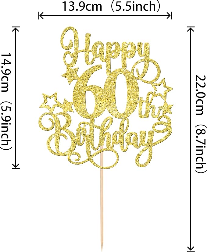 1 PCS Happy 60th Birthday Cake Topper Glitter Cheers to 60 Years Birthday Cake Pick Hello 60 Fabulous Cake Decoration for Happy 60th Birthday Anniversary Party Decorations Supplies Gold