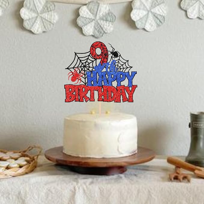 1 PCS Happy 9th Birthday Cake Topper Glitter Spider Web Cheers to 9 Years Nine Birthday Cake Pick Superhero Spider Party Decorations for Boys Girls Happy 9th Birthday Party Cake Decorations Supplies