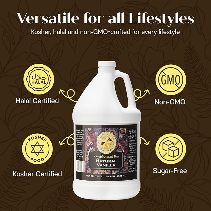 Organic Vanilla Alcohol‑Free Flavor, 128 fl oz - Madagascar Bourbon vanilla, 100% natural, sugar‑free, GMO‑free, gluten‑free, vegan, paleo, keto, kosher, and halal