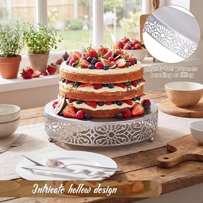 Wenqik 12 Inch Cake Stand Round Metal Cupcake Dessert Wedding Cake Stand Cookies Display Holder Fruit Food Serving Tray for Table Wedding Birthday Anniversary Party Decor (Silver)