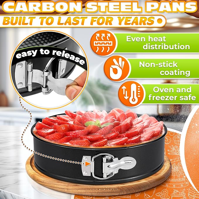 Spring Form Pan for Cheesecakes - Leak Resistant Springform Pan Set, Easy-Open Latch and Removable Bottom for Cake Lift, Nonstick Round Cake Pans Set 4 7 9 Inch, 60 Parchment Liners, Oven Safe to 450F