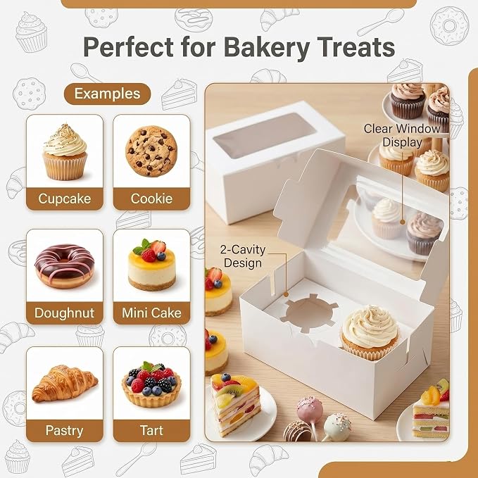 18 Pack White 2-Cavity Cupcake Boxes with Clear Window, 6.3 x 3.54 x 2.95 in Paper Treat Boxes with Inserts, 2-Cupcake Holders for Muffins, Cookies, Mini Cakes, Bakery Gifts and Parties