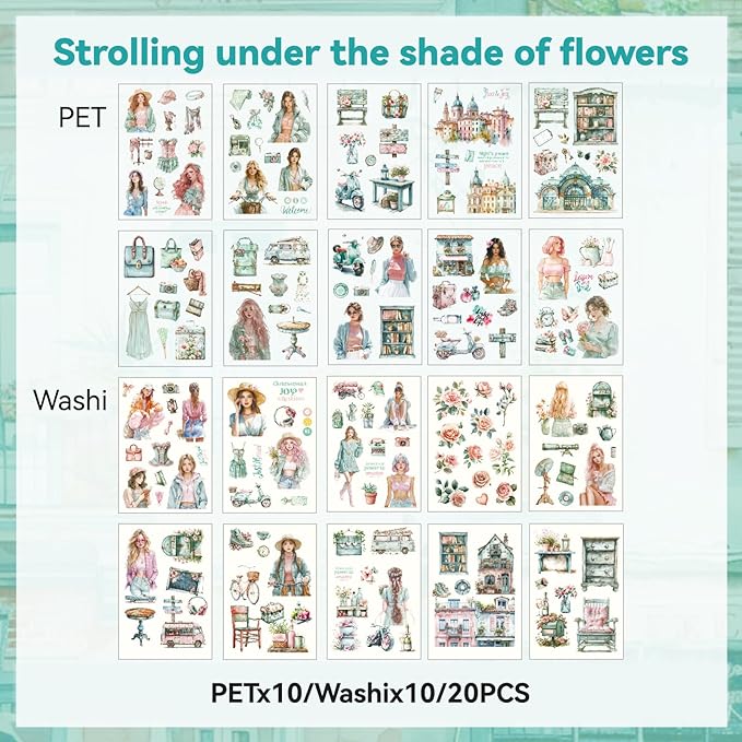 Floral Shade Stroll Sticker Scrapbooking Supplies for Junk Journal, 20 Sheets PET Stickers - Vintage Journaling Stickers