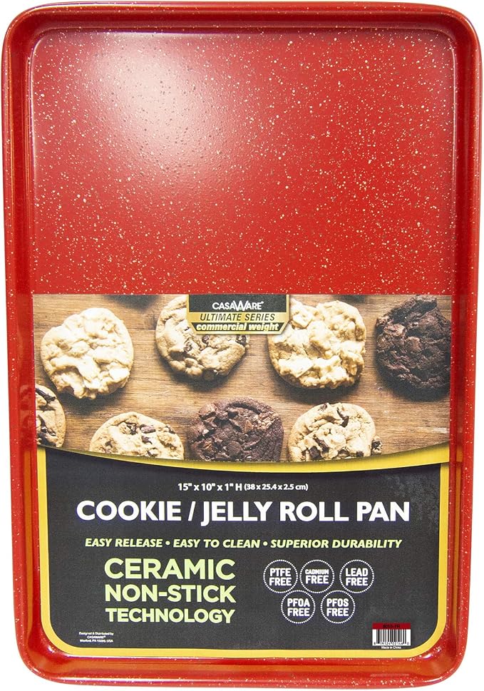 casaWare 15 x 10 x 1-Inch Ultimate Series Commercial Weight Ceramic Non-Stick Coating Cookie/Jelly Roll Pan (Red Granite)