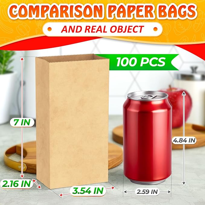 Set of 100 Small Brown Paper Bags - Sturdy Brown Lunch Bags for Snacks, Nuts, Popcorn, Cookies, Candies, Party Favors & Gifts - Durable with Convenient Size (7х3.54х2.16) for Home and Small Business