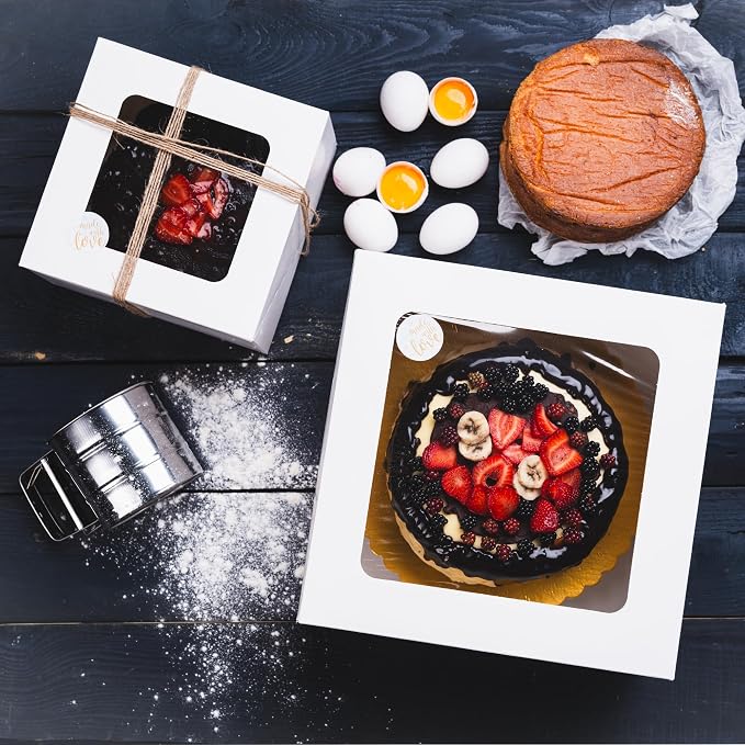 Cake Boxes 8x8x4 Inch 25 Pack with Window, 30 Bonus Sticker, Auto Popup, Extra Thick, Oil Resistant, Ideal for Cookie, Pie, Treat, Pastry, Bakery,For Home Cooker and Restaurant, White
