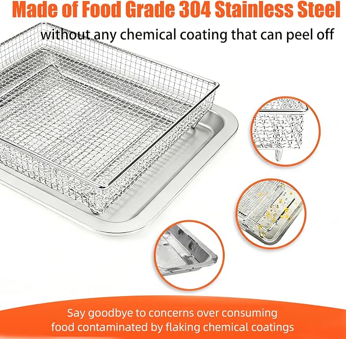 2Pcs Steel Air Fryer Tray Replacement for Cuisinar TOA-060/065 Toaster Oven | 12.4"x11" Basket and Tray Baking Sheet Pan Convection Oven Accessories Parts for Baking & Cookie Sheets/Broiling, Non‑Stick