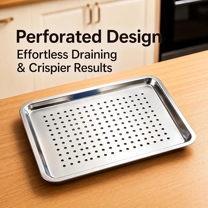 17.5" Half Sheet Baking Pan & Crisping Tray, 18/8 Stainless Steel | 2-Pack, Heavy Duty, Commercial Grade 304SS, 2" Deep Solid & 1" Perforated Tray, For Roasting Draining, Oven & Dishwasher Safe
