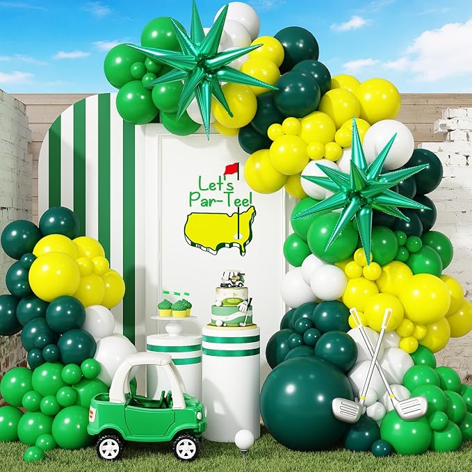 Green Yellow White Balloon Arch Garland Kit, Golf Hole In One Birthday Decorations with Foil Star Balloons for Golf First Birthday Lets Par-tee Sports Themed Party Retirement Decorations Supplies