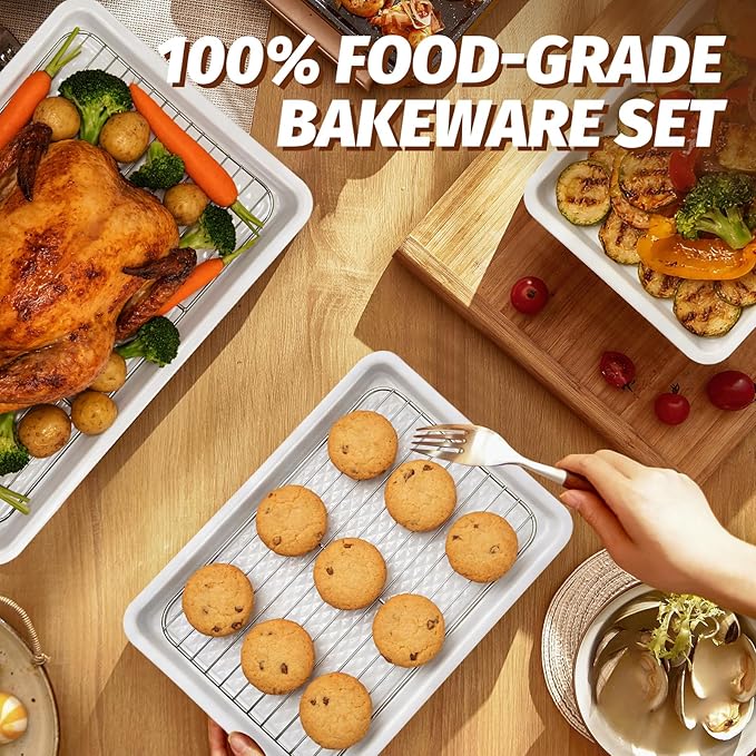 Nonstick Ceramic Baking Sheet With Rack, 3-Pack Half/Jelly Roll/Quarter Sheet Pan, Non-Toxic, PTFE & PFOA Free, Warp-Free, Oven Safe 550°F, Dishwasher Safe, Aluminized Steel, Gray Yellow