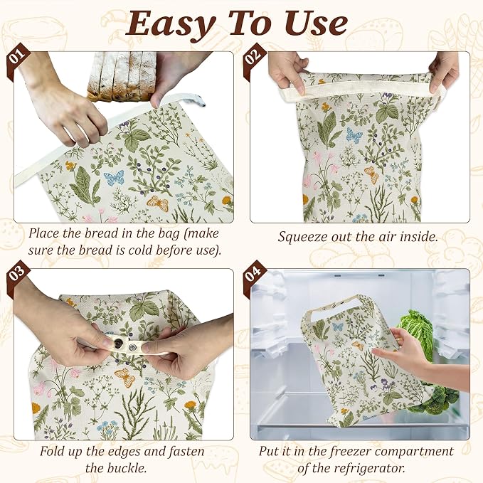 Beeswax Bread Bags, 2 Pack for Homemade Bread and Sourdough Storage | Herbs Wild Flowers Vintage Botanical, Reusable Polyester Bread Storage With Beeswax Coating And Snap Closures