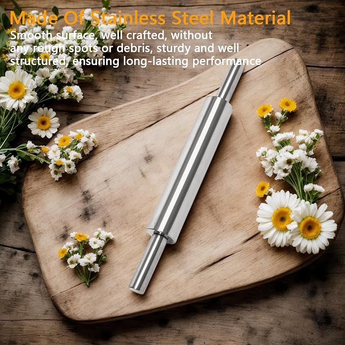 REDANT 17-Inch 18/8 Stainless Steel Rolling Pin - Metal Dough Roller for Baking, Pizza, Chapati & Cookies - Non-Slip Handles, Dishwasher Safe