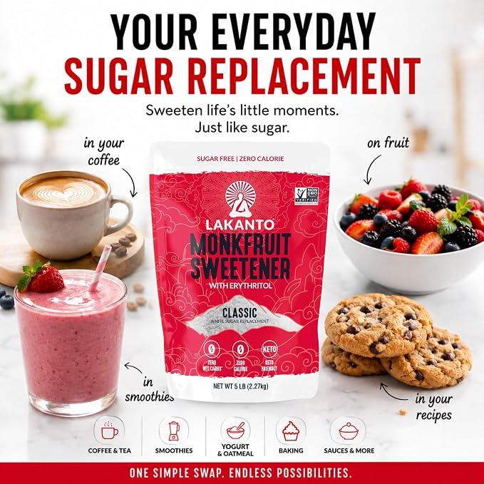 Lakanto Classic Monk Fruit Sweetener with Erythritol - White Sugar Substitute, Zero Calorie, Keto Diet Friendly, Zero Net Carbs, Baking, Extract, Sugar Replacement (Classic White - 1.76 lb Pack of 3)