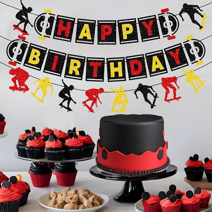 Zwiebeco Black Red Yellow Skateboard Happy Birthday Banner Bunting Hanging Paper Garland Party Decorations for Skater Boys Girls Kids Adults Sports Themed Bday Decor Accessories Supplies