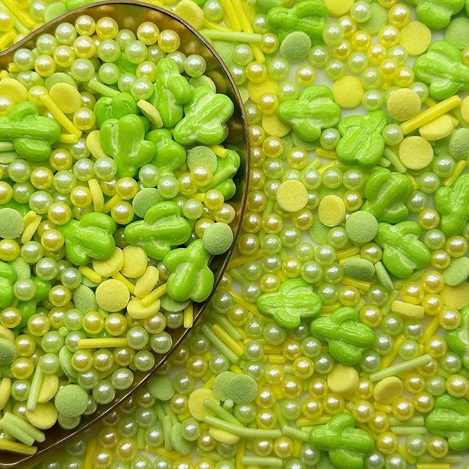 CandiJumpin Edible Cactus Sprinkles, Green and Yellow Pearl Sprinkles Easter Sprinkles Crunchy Jimmies Edible Pearls for Cake Decorating Pearl Decoration for Baking Baby Shower St Patricks Day Birthday Wedding Christmas Supplies 3 OZ