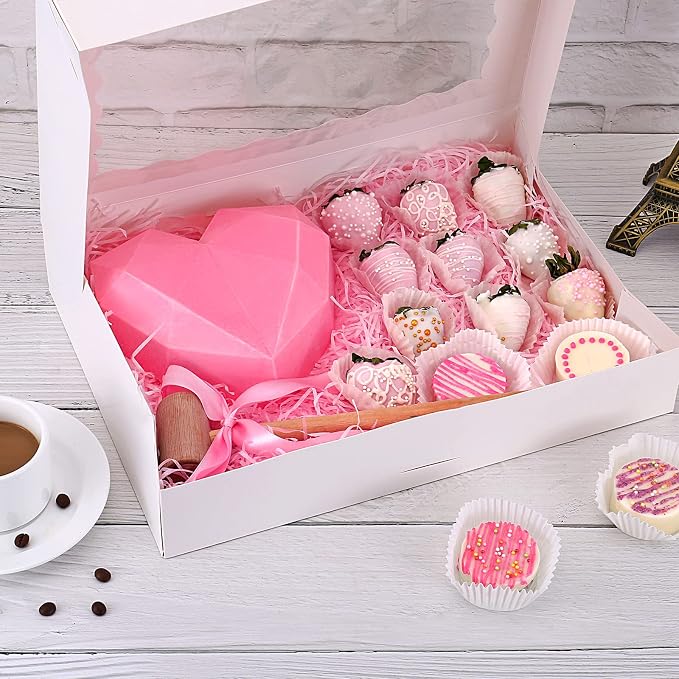 Tcoivs 20-Pack Bakery Boxes 14" x 10" x 2.5", Cookie Boxes, Auto-Popup Treat Boxes with Window for Donuts, Pies, Cakes, Muffins, and Pastries (White)