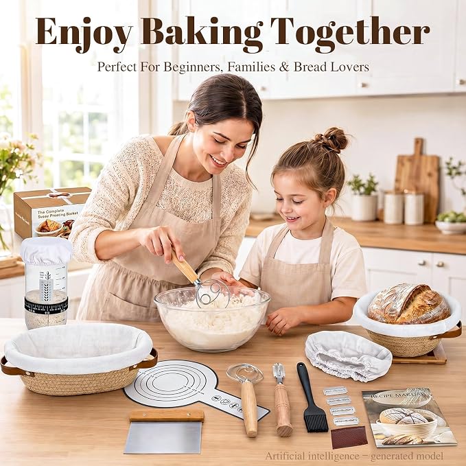 Sourdough Starter Kit with Round & Oval Banneton, Sourdough Bread Baking Supplies, Bread Proofing Basket Set with Glass Starter Jar, Sour Dough Bread Making Tools Kit for Women Mom Wife Beginners