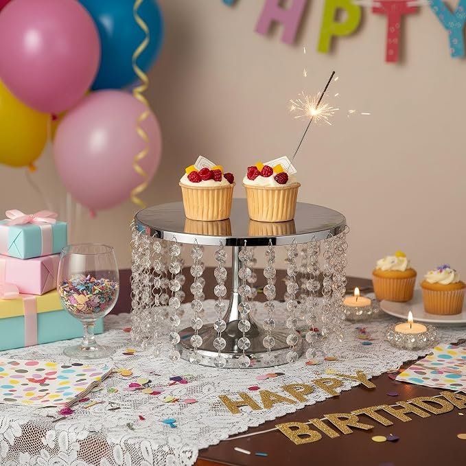 Cake Stand for Dessert Table 10 Inch Silver Crystal Pendants Metal Cake Stand Serves as A Round Dessert Cupcake Display Plate for Table, Wedding, Party, Event